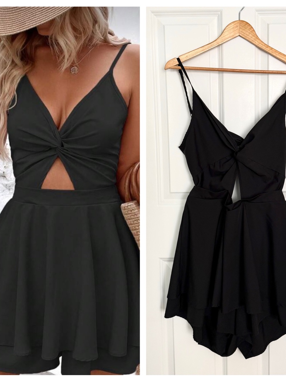 Black Twist-Front Spaghetti Strap Romper Cut Out Adjustable Straps Size XL